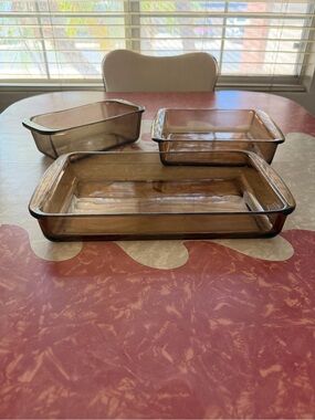 Vintage Pyrex Visions Brown Glass Baking Dish Set  of 3 Cake Brownie & Loaf Pans